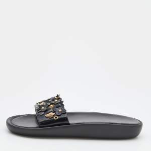 Louis Vuitton Black Patent Leather Applique Embellished Platform Slide Sandals Size 40