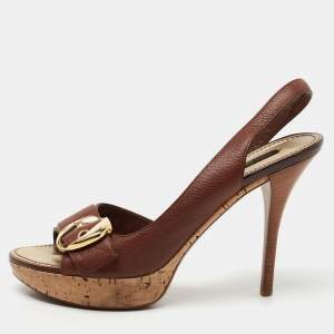 Louis Vuitton Brown Leather Cork Platform Slingback Sandals Size 39