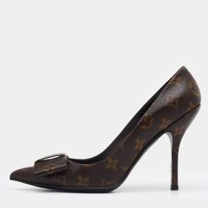 Pre Owned Louis Vuitton Brown Monogram Canvas Louise Bow Pointed Toe Pumps Size 38.5