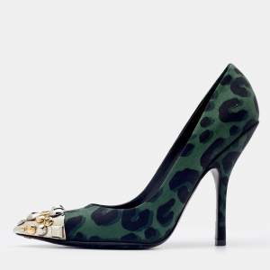 Louis Vuitton Black/Green Leopard Print Fabric Bernice Studded Pointed Cap Toe Pumps Size 37.5