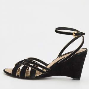 Louis Vuitton Black/Gold Suede and Leather Wedge Strappy Sandals Size 37