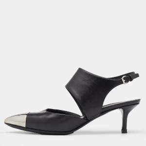 Pre Owned Louis Vuitton Black Leather Metal Cap Toe Slingback Pumps Size 36