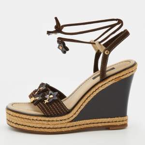 Louis Vuitton Brown Suede Embellished Wedge Espadrille Ankle Wrap Sandals Size 38
