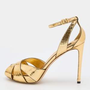 Louis Vuitton Gold Python Embossed Leather Peep Toe Strappy Sandals Size 39