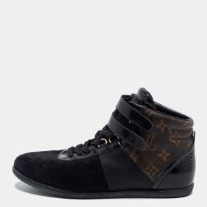 Louis Vuitton Black Leather and Monogram Canvas High Top Sneakers Size 36.5
