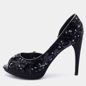 مملوكة مسبقًا Louis Vuitton Black Satin and Patent Leather Peep Toe D'orsay Pumps Size Size 37.5
