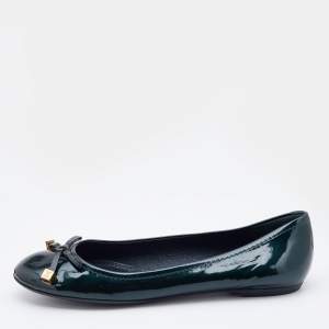Pre Owned Louis Vuitton Dark Green Patent Leather Bow Ballet Flats Size 38.5