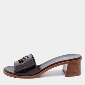 Louis Vuitton Burgundy Patent Leather Lockit Block Heel Slide Sandals Size 39