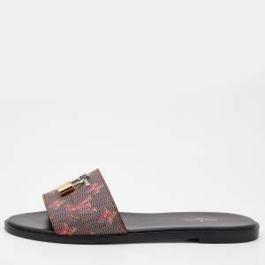 Pre Owned Louis Vuitton Multicolor Printed Leather Lock It Flat Slides Size 38