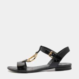 Pre Owned Louis Vuitton Black Patent Leather LV Logo Slingback Flat Sandals Size 39