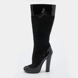 Pre Owned Louis Vuitton Black Suede and Patent Leather Knee Length Boots Size 38.5