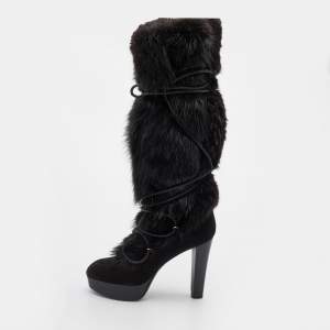 Pre Owned Louis Vuitton Black Suede and Fox Fur Knee Length Boots Size 38