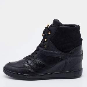 Louis Vuitton Black Monogram Embossed Suede and Leather Cliff Wedge Sneakers Size 41