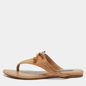 Pre Owned Louis Vuitton Tan Leather Dice Bow Thong Flats Size 38