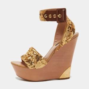 Louis Vuitton Gold/Brown Sequins and Leather Wedge Platform Ankle Wrap Sandals Size 38 