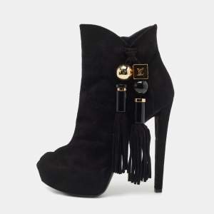 Pre Owned Louis Vuitton Black Suede Tassel Peep Toe Ankle Booties Size 38 