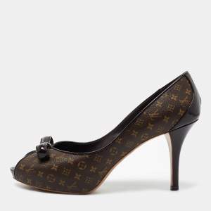 Louis Vuitton Brown Monogram Canvas and Patent Leather Bow Peep Toe Pumps Size 39