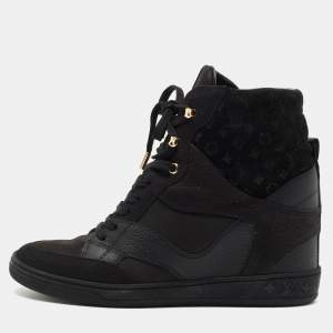 Louis Vuitton Black Leather and Embossed Monogram Suede Millenium Wedge Sneakers Size 37.5