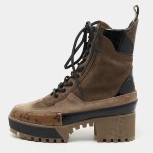 Pre Owned Louis Vuitton Brown Suede and Monogram Canvas Laureate Ankle Boots Size 36