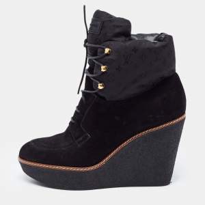 Louis Vuitton Black Suede Monogram Wedges Ankle Boots Size 40.5