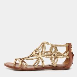 Louis Vuitton Gold/Brown Leather Strappy Flat Sandals Size 36.5