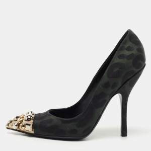 Pre Owned Louis Vuitton Black/Green Canvas Bernice Studded Pointed Toe Pumps Size 36