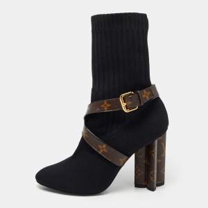Louis Vuitton Black/Brown Knit Fabric And Monogram Canvas Ankle Boots Size 39 