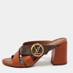Louis Vuitton Brown Leather and Monogram Canvas Slide Sandals Size 36