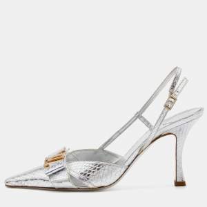 Pre Owned Louis Vuitton Silver Python Embossed Leather LV Logo Embellished Slingback Pumps Size 38.5