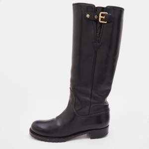 Pre Owned Louis Vuitton Black Leather Buckle Detail Calf Length Boots Size 38