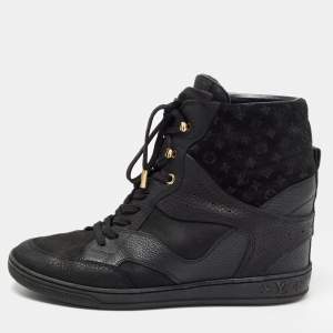 Louis Vuitton Black Monogram Suede and Leather Millennium Wedge Sneakers Size 39