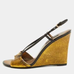 Louis Vuitton Gold Texture Leather and Patent Leather Wedge Sandals Size 37