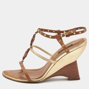 Pre Owned Louis Vuitton Metallic Gold/Brown Leather Wedge Sandals Size 38.5   