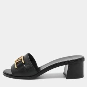 Louis Vuitton Black Leather Lock It Slide Sandals Size 38.5