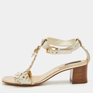 Louis Vuitton White/Gold Leather T-Strap Sandals Size 39