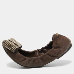 Louis Vuitton Brown Suede Studded Bow Ballet Flats Size 38