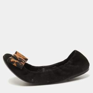 Pre Owned Louis Vuitton Black Suede and Leopard Print Fabric Bow Scrunch Ballet Flats Size 38