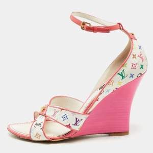 Louis Vuitton White/Pink Monogram Canvas and Patent Leather Ankle Strap Wedge Sandals Size 39