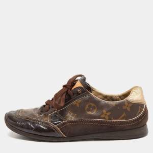 Louis Vuitton Brown Monogram Canvas and Patent Leather Globe Trotter Sneakers Size 39