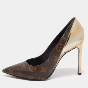 Pre Owned Louis Vuitton Gold Monogram Canvas and Patent Leather Cherie Pumps Size 36