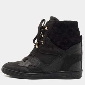 Louis Vuitton Black Leather and Embossed Monogram Suede Cliff Top Sneakers Size 37