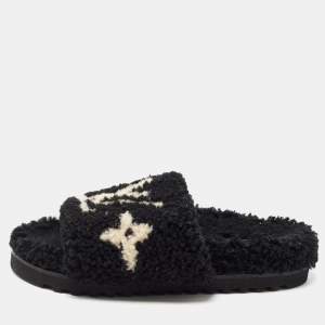 Louis Vuitton Black/White Shearing Fur Slide Flats Size 38