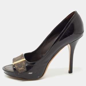 Pre Owned Louis Vuitton Dark Brown Patent Leather and Monogram Canvas Open Toe Pumps Size 36