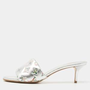 Louis Vuitton Silver Monogram Embossed Leather Revival Slide Sandals Size 41