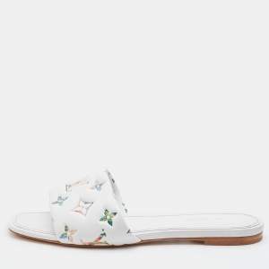 Louis Vuitton White Monogram Embossed Leather Revival Flat Slides Size 38