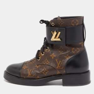 Pre Owned Louis Vuitton Brown Leather and Monogram Canvas  Wonderland Flat Ranger Boots Size 37