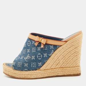 Louis Vuitton Blue/Beige Monogram Denim Espadrille Wedge Mules Size 38.5