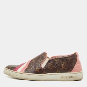 Louis Vuitton Brown/Pink Monogram Canvas And Leather Frontrow Slip On Sneakers Size 36