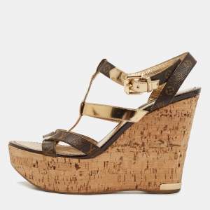 Louis Vuitton Gold/Brown Leather and Monogram Canvas Cork Wedge Strappy Sandals Size 38.5