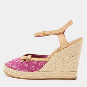 Louis Vuitton Pink Monogram Canvas And Leather Trim Espadrilles Wedge Platform Ankle Strap Sandals Size 40